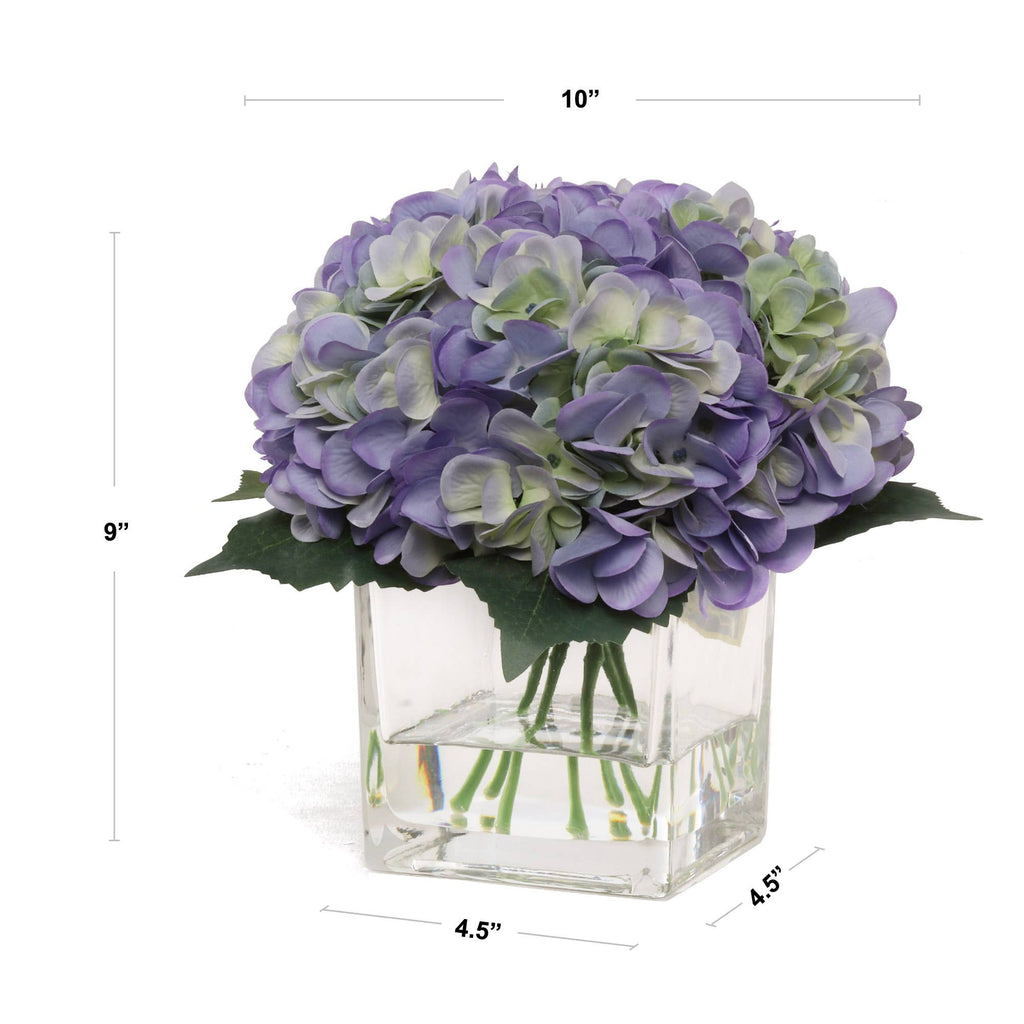 Blue & White Hydrangea Flowers In Glass Vase