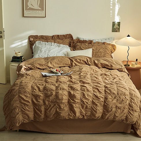 Earth Tone Marshmallow Puff Ruffle Bedding Set / Rust Pink