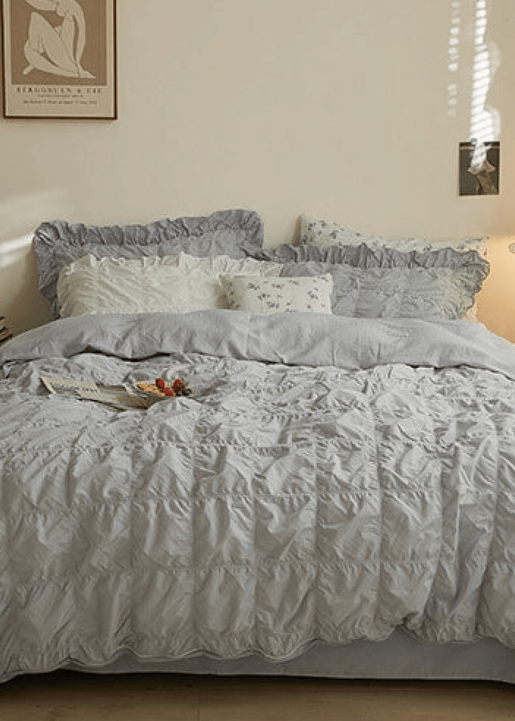Earth Tone Marshmallow Puff Ruffle Bedding Set / White