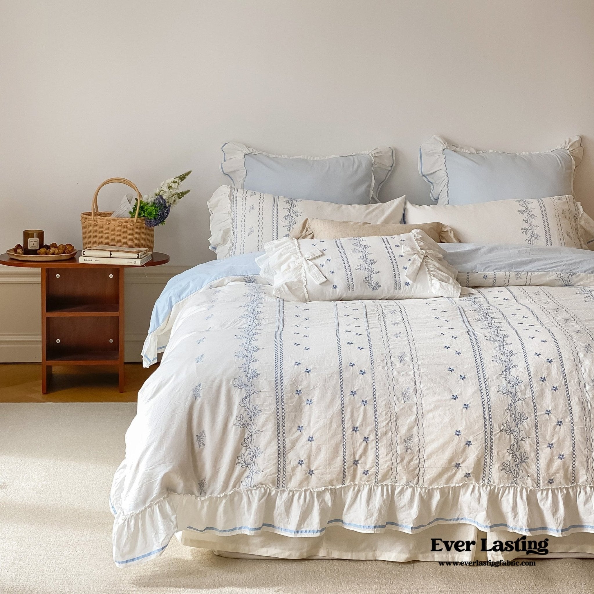 Embroidered French Lace Ruffle Duvet Cover / Pink