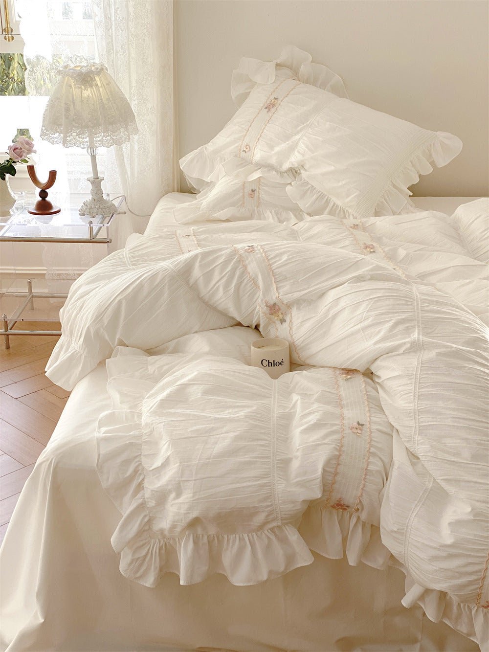 Embroidered Lace Ruffle Bedding Set / White