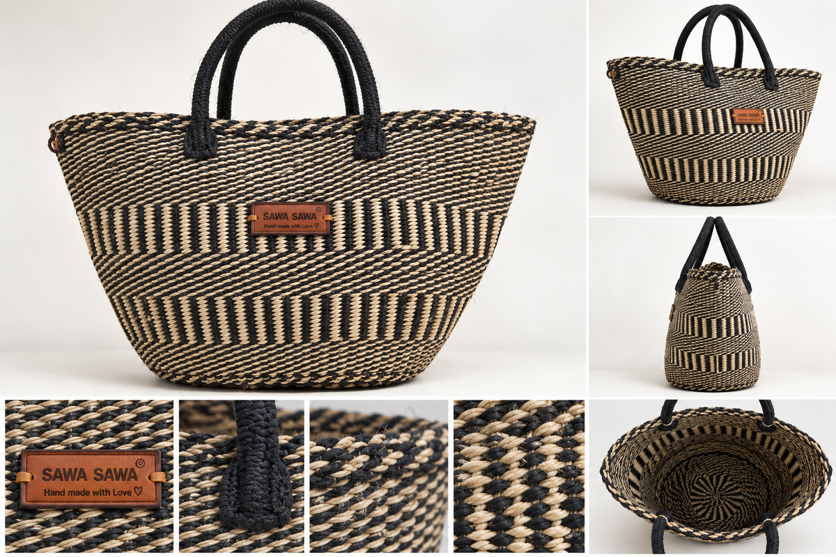 Balance Stripes Handmade Sisal Beach Market Sustainable Straw Basket Tote Bag