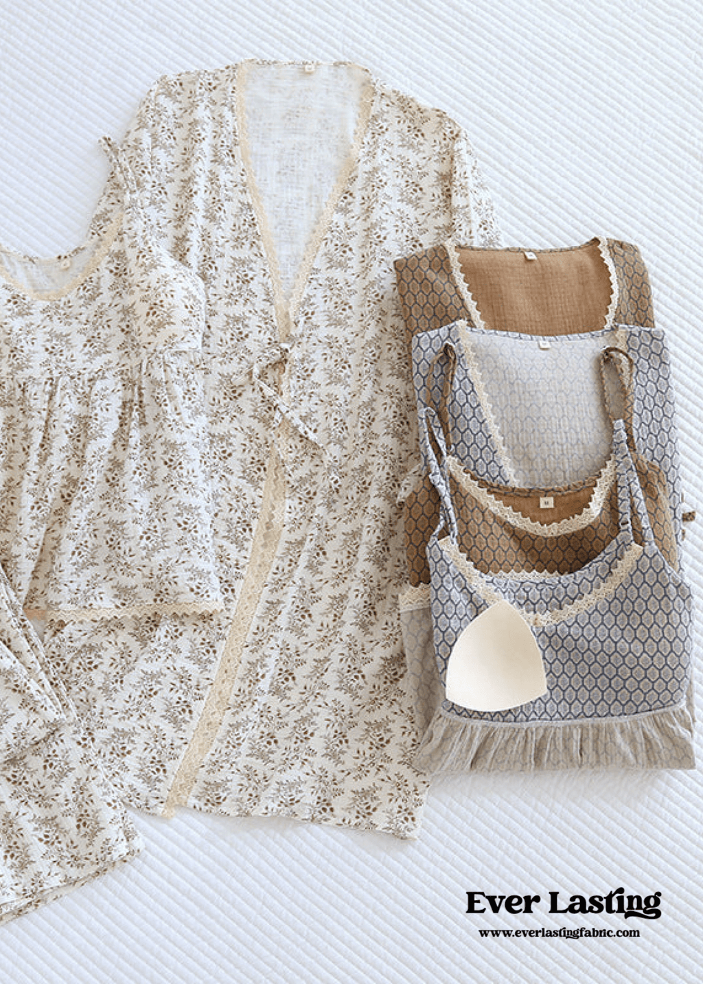 Floral V Tank and Long Pants with Cardigan Cotton Pajama Set / Blue