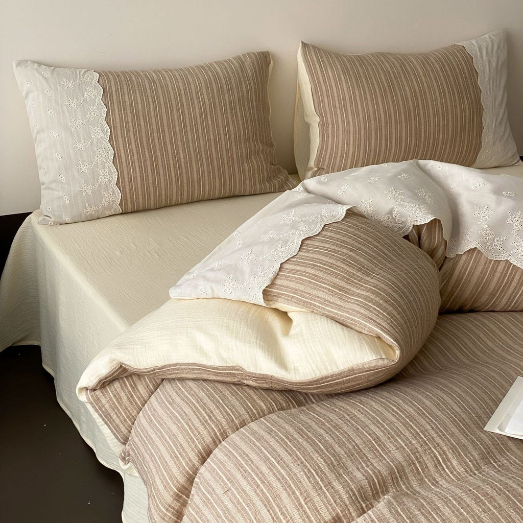 Florence Lace Double Gauze Striped Bedding Set / Green