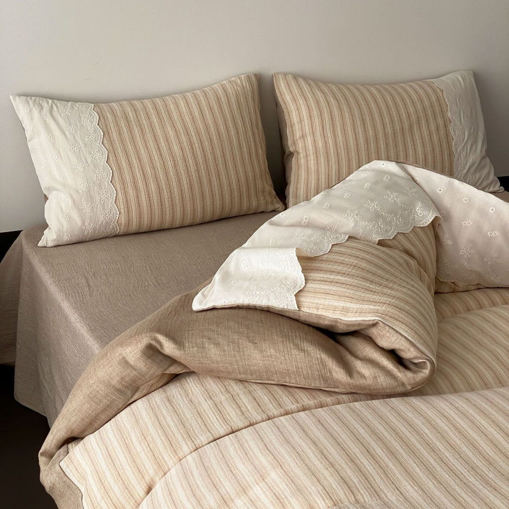 Florence Lace Double Gauze Striped Bedding Set / Green