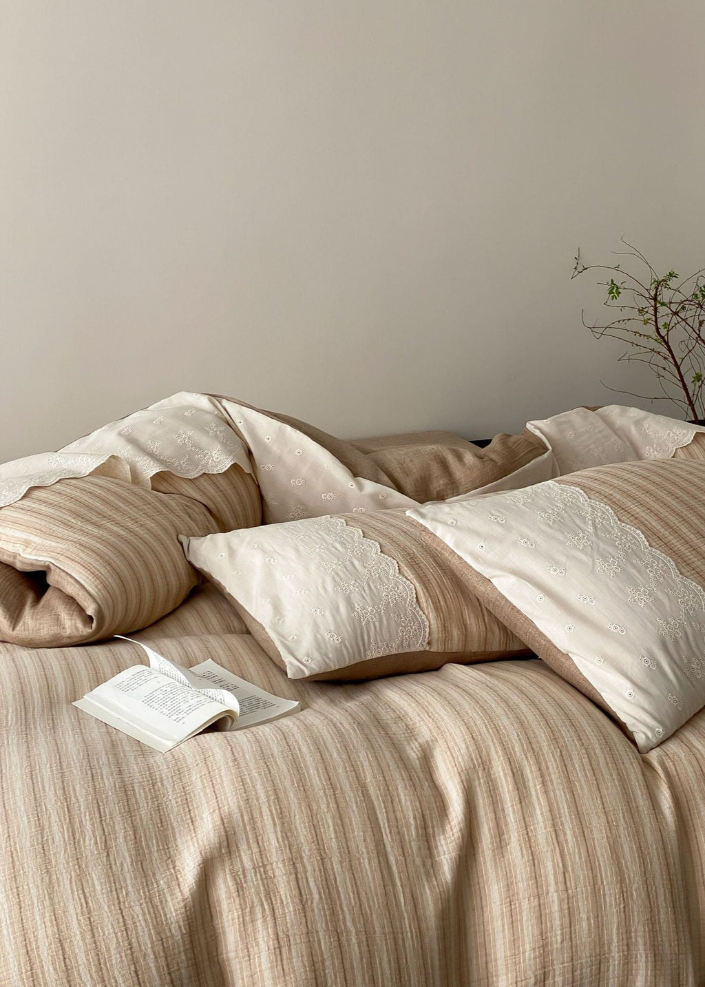 Florence Lace Double Gauze Striped Bedding Set / Green