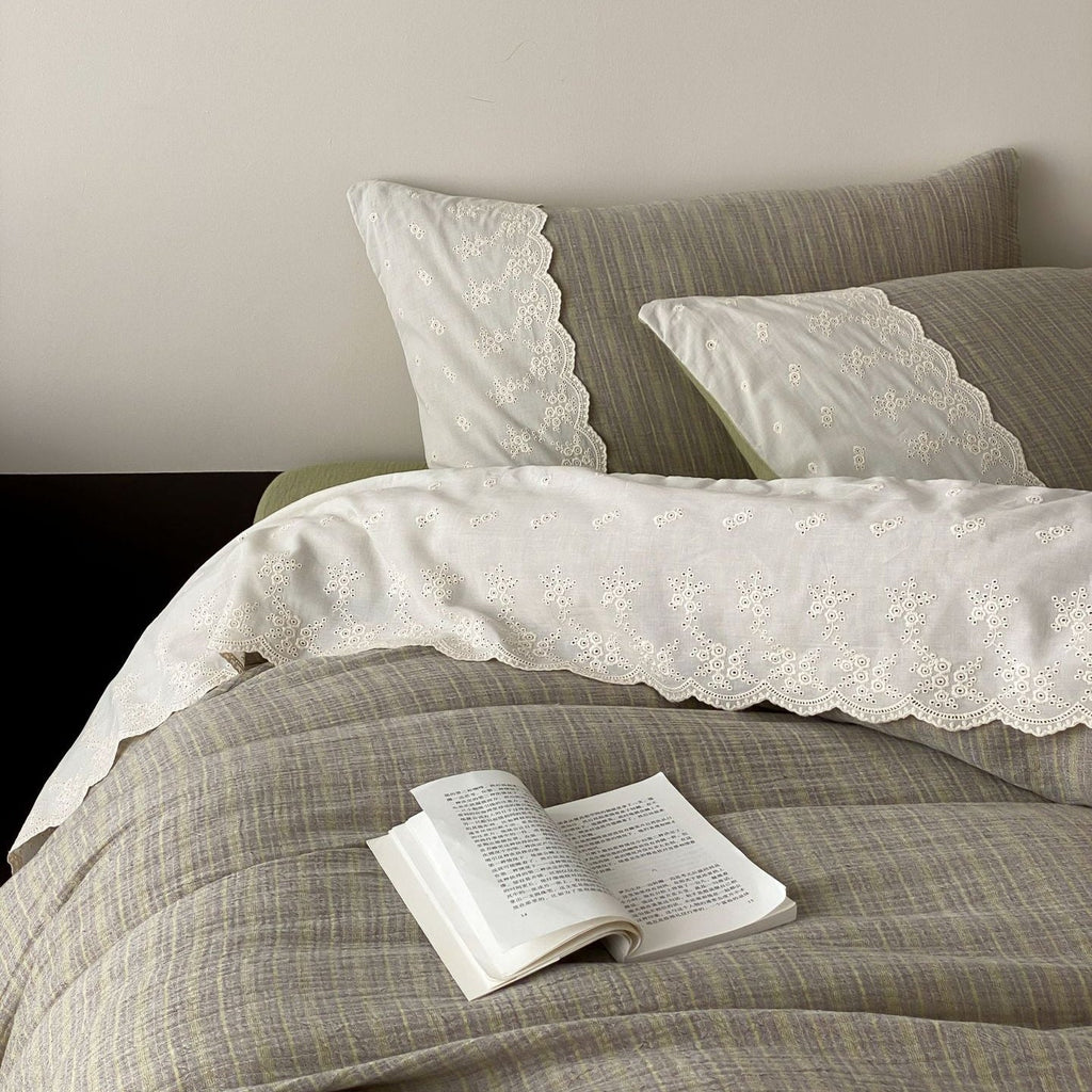 Florence Lace Double Gauze Striped Bedding Set / Beige Brown