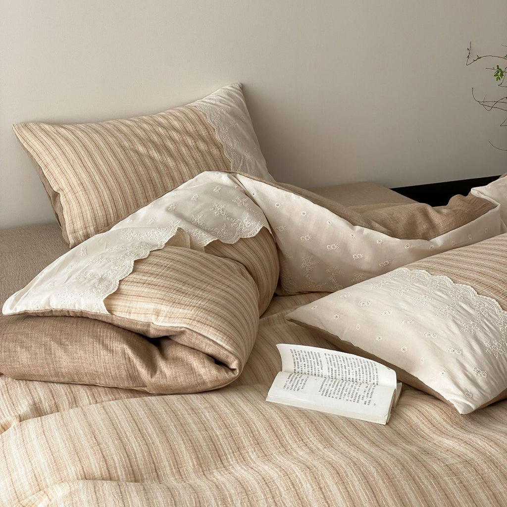 Florence Lace Double Gauze Striped Bedding Set / Green