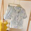 French Cottage Short Sleeves and Shorts Cotton Pajama Set / Blue