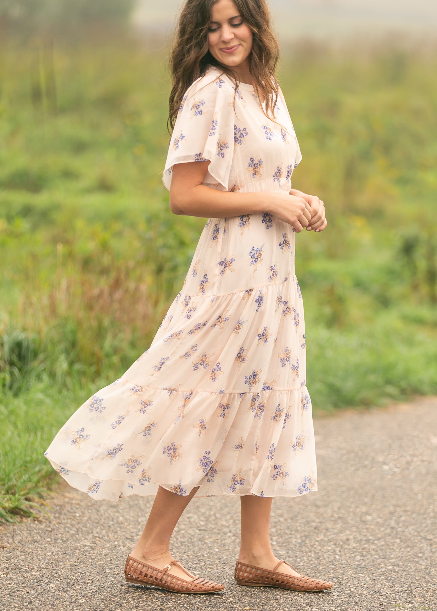 Gina Pink Floral Short Sleeve Tiered Midi Dress