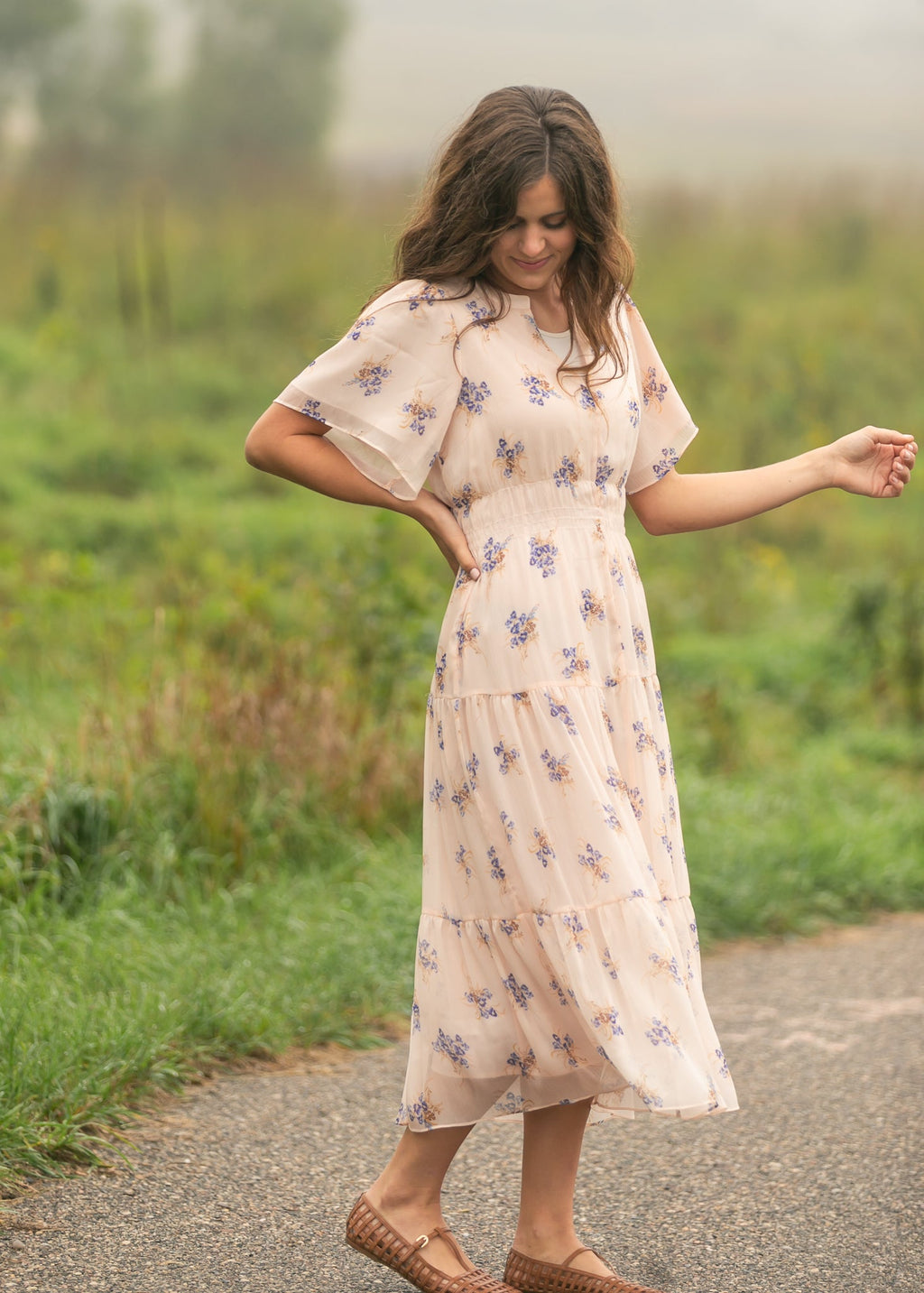 Gina Pink Floral Short Sleeve Tiered Midi Dress