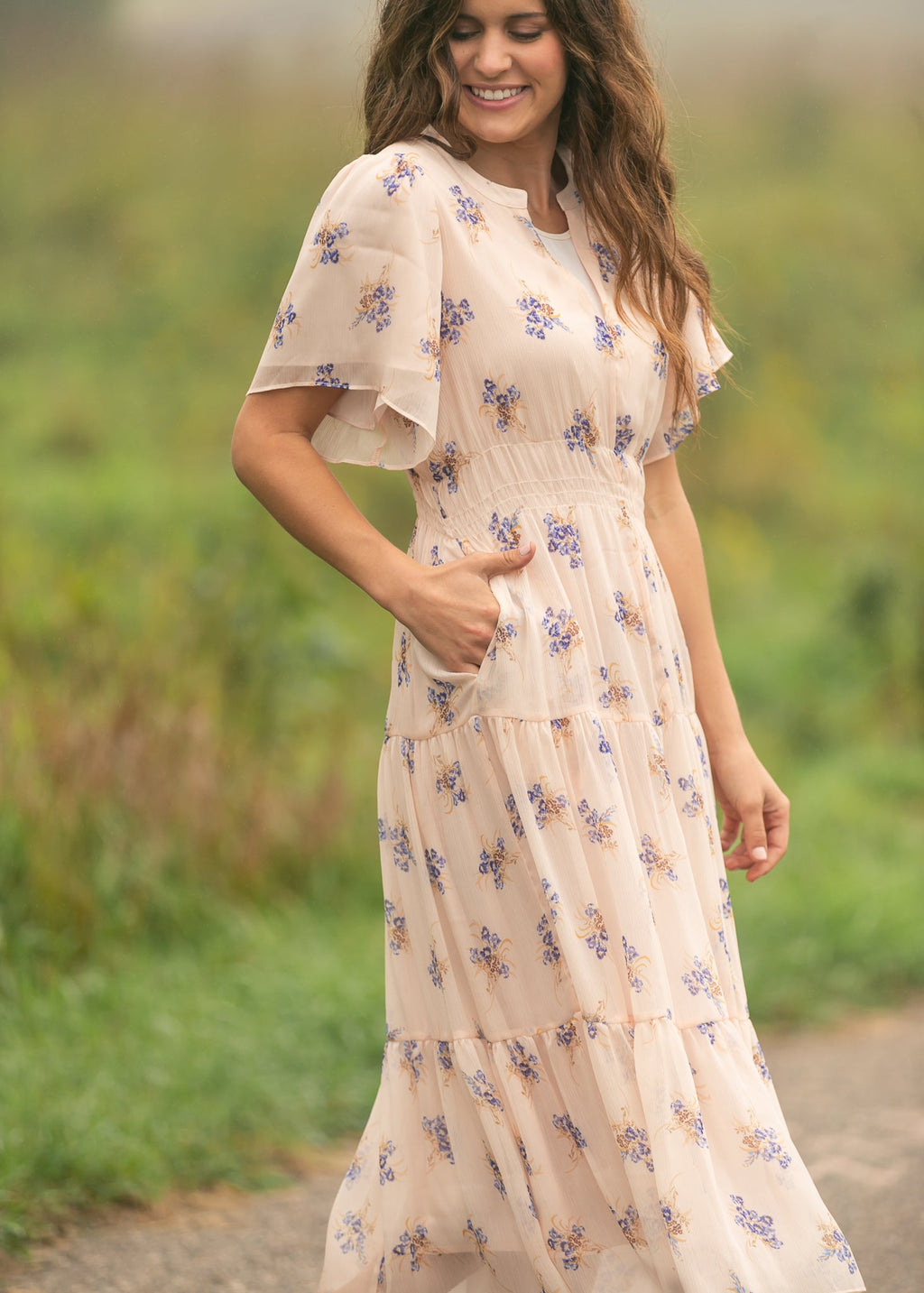 Gina Pink Floral Short Sleeve Tiered Midi Dress