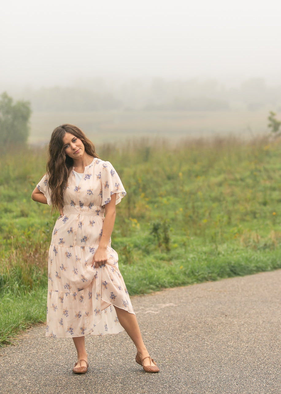 Gina Pink Floral Short Sleeve Tiered Midi Dress