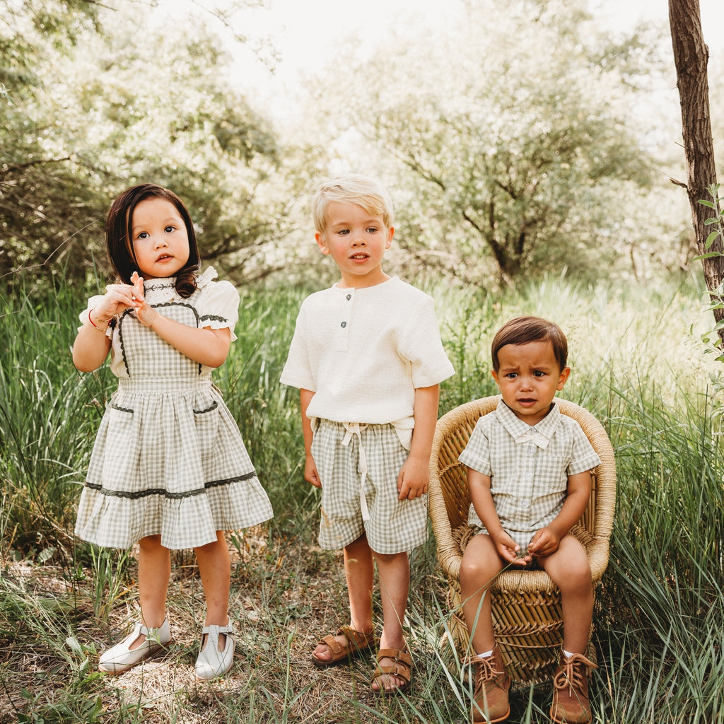 Green Gingham Pinafore Dress and Blouse Set