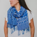Handmade Batik Scarf, Blue White, Cotton Fabric, Butterfly