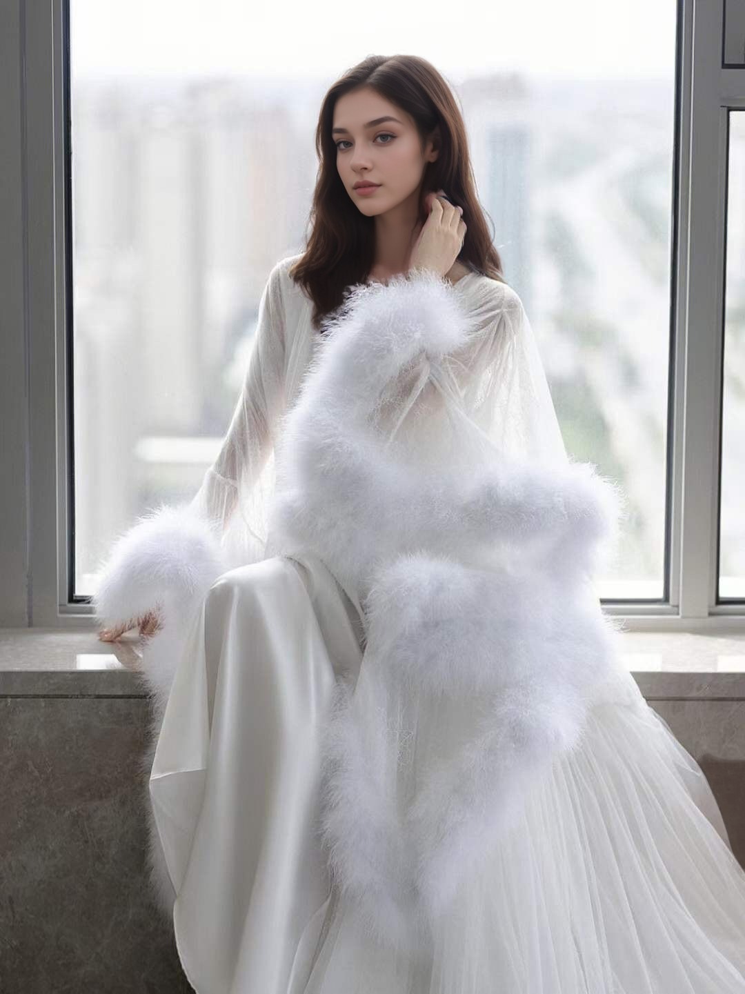 Luxury thick turkey feather fringe long bridal robe set with night gown