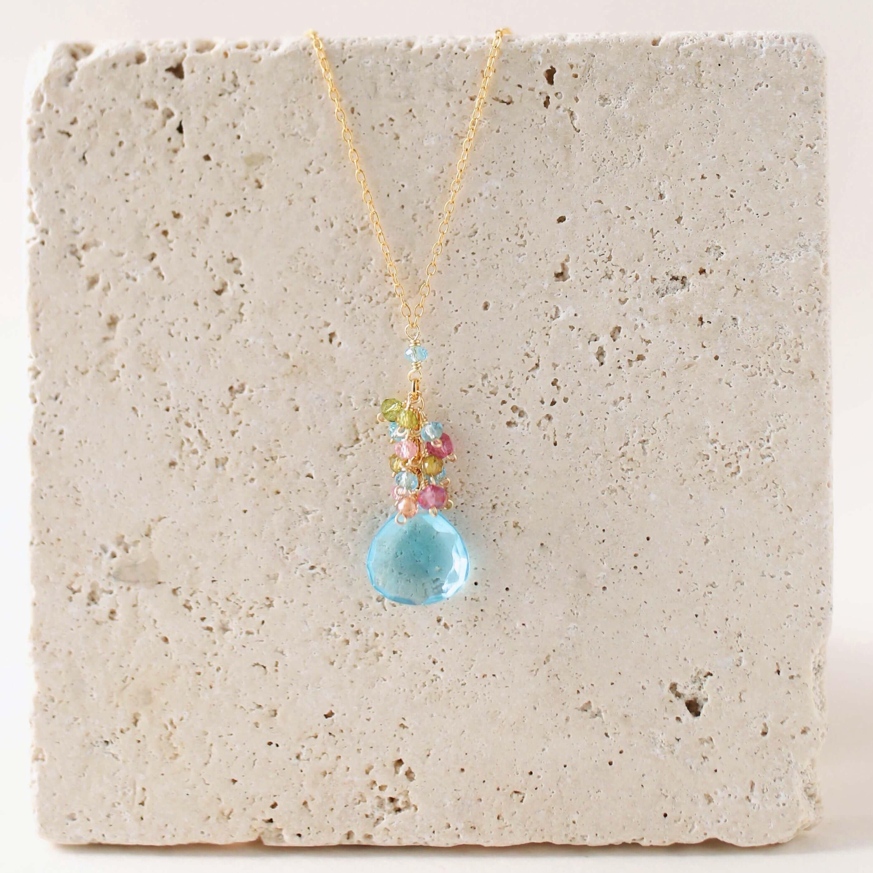 Aquamarine Quartz Silver Raindrop Cluster Necklace