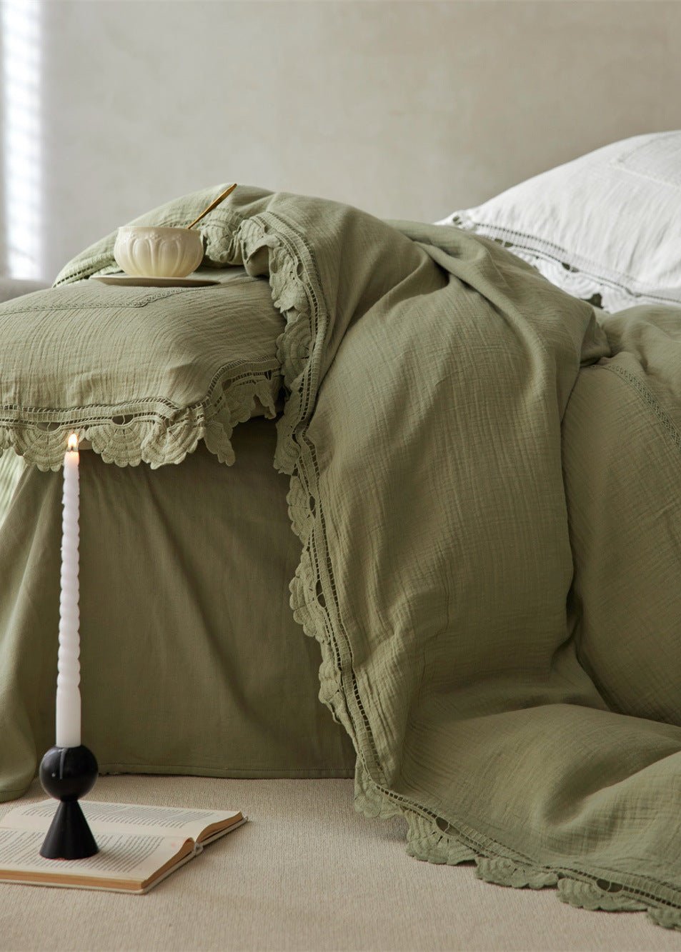 Isadora Lace Ruffle Double Gauze Bedding Set / Green