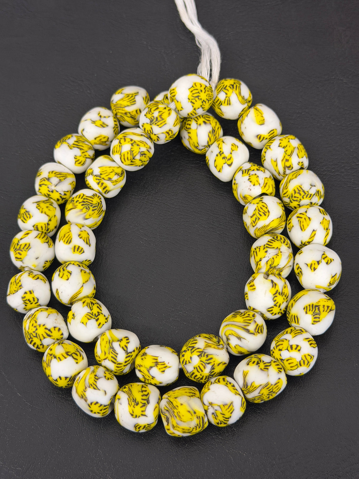 Ivory & Golden Yellow Fused Krobo Recycled Glass Beads 12–14mm | Handmade African Glass Beads from Ghana | 44 Beads Per Strand