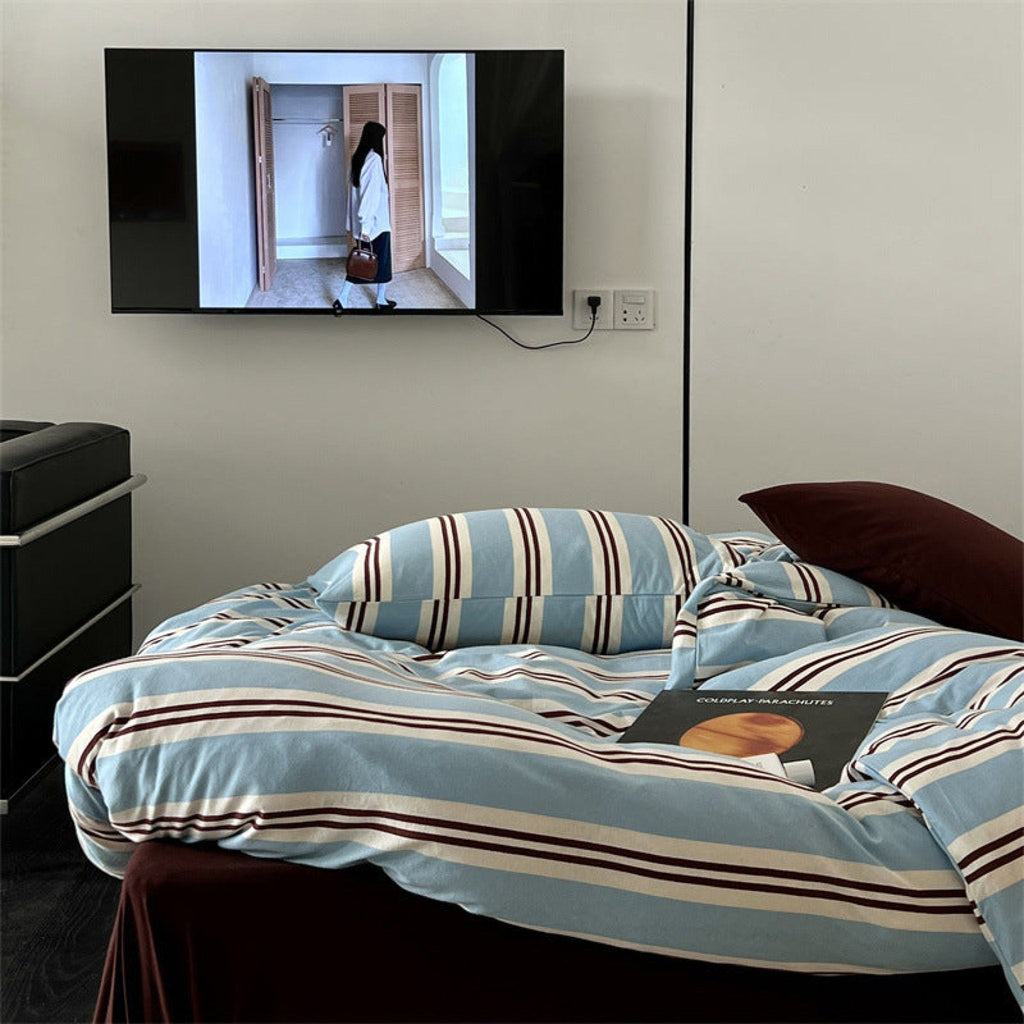 Jersey Knit Retro Stripe Bedding Set / Green + Brown