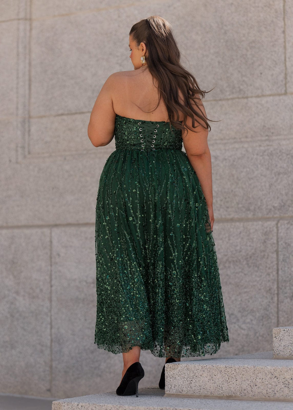 Elphie Strapless Sequin Corset Midi Dress - Green
