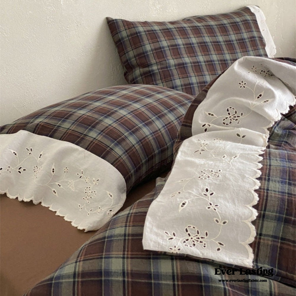 June Lace Double Gauze Gingham Bedding Set / Brown