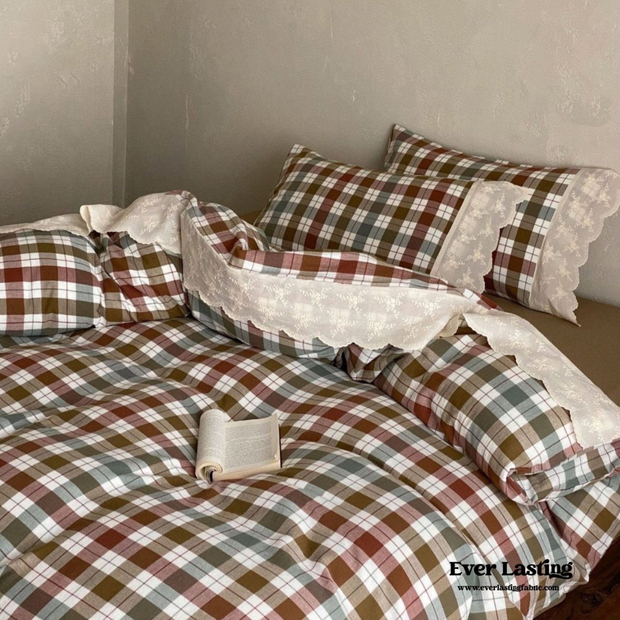 June Lace Double Gauze Gingham Bedding Set / Brown