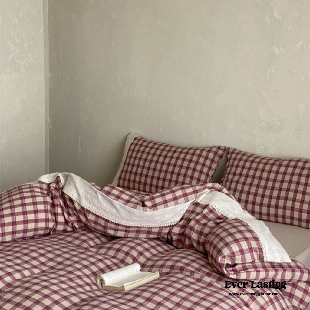June Lace Double Gauze Gingham Bedding Set / Brown