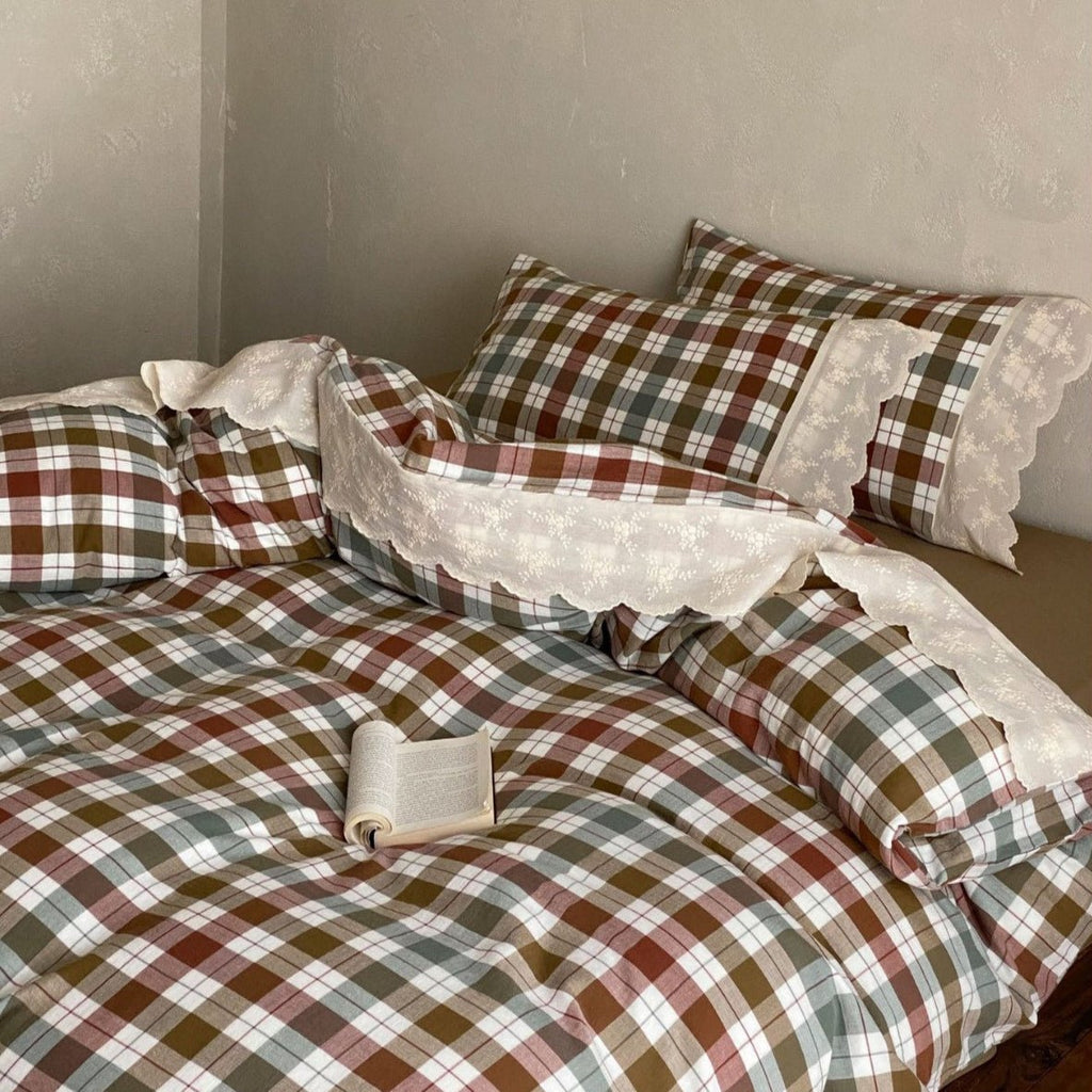 June Lace Double Gauze Gingham Bedding Set / Blue