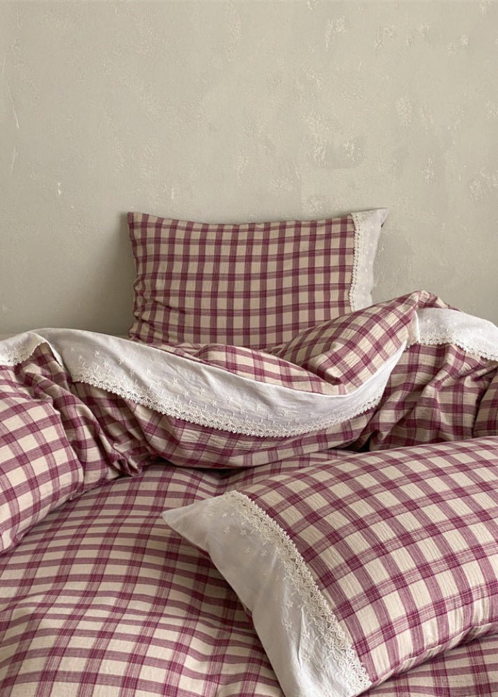 June Lace Double Gauze Gingham Bedding Set / Blue