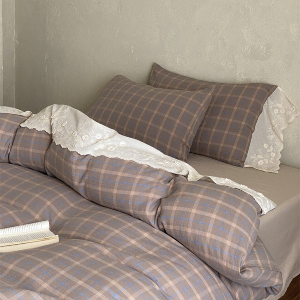 June Lace Double Gauze Gingham Bedding Set / Green