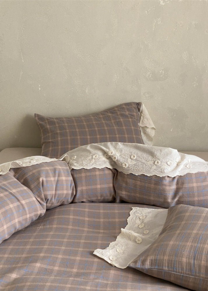 June Lace Double Gauze Gingham Bedding Set / Green