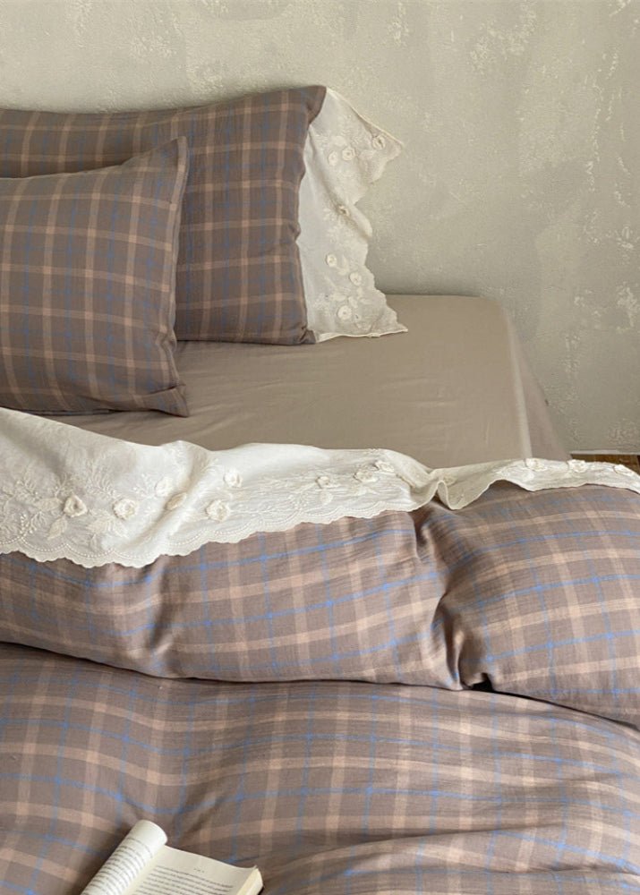 June Lace Double Gauze Gingham Bedding Set / Blue