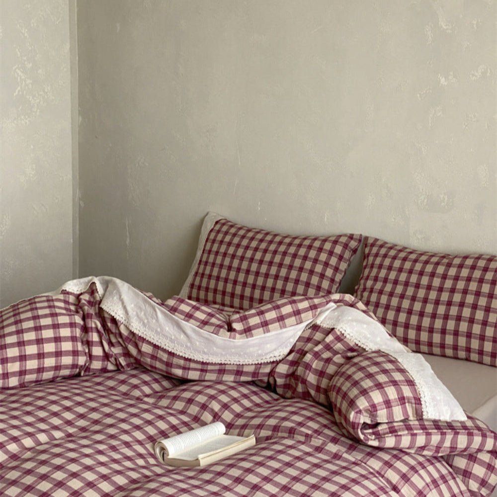 June Lace Double Gauze Gingham Bedding Set / Blue