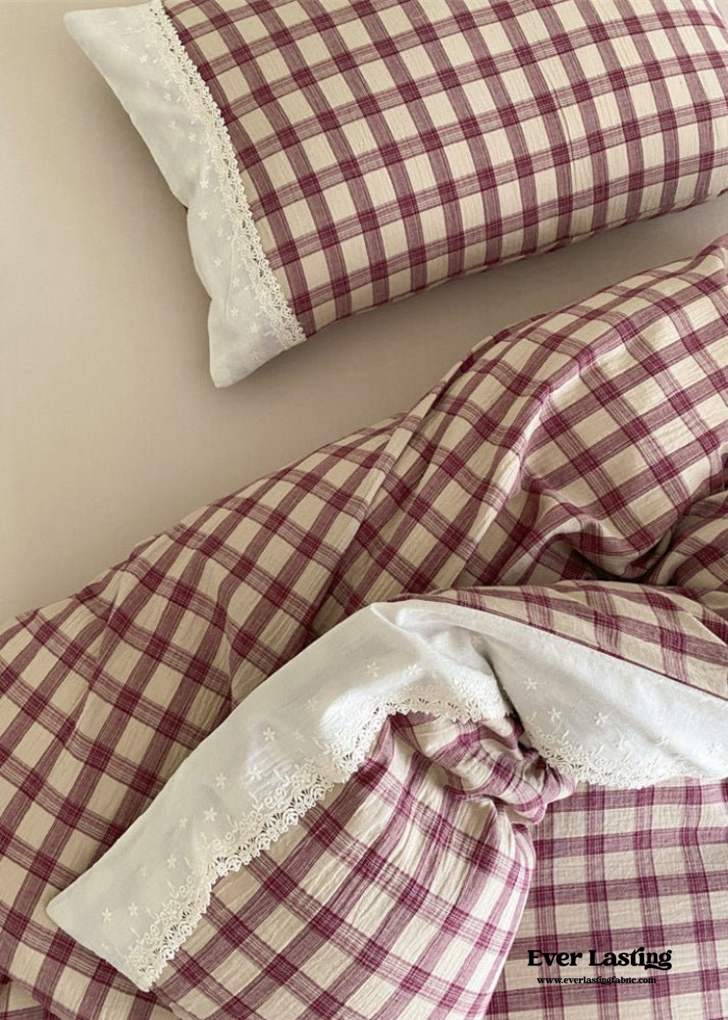 June Lace Double Gauze Gingham Bedding Set / Khaki