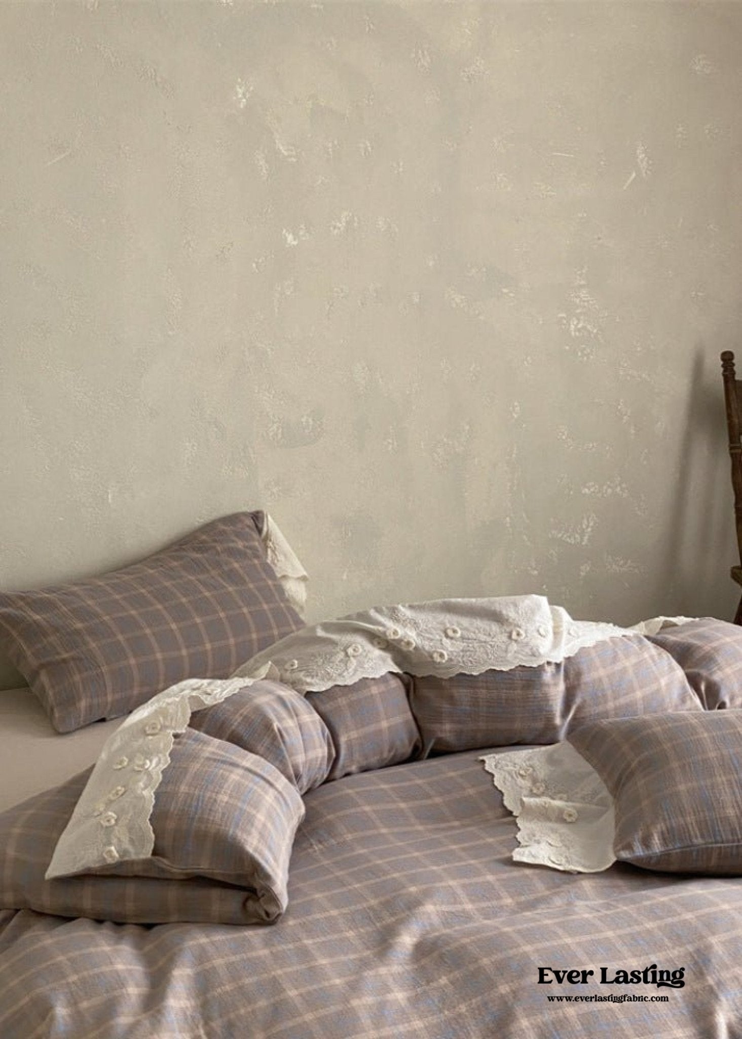 June Lace Double Gauze Gingham Bedding Set / Khaki