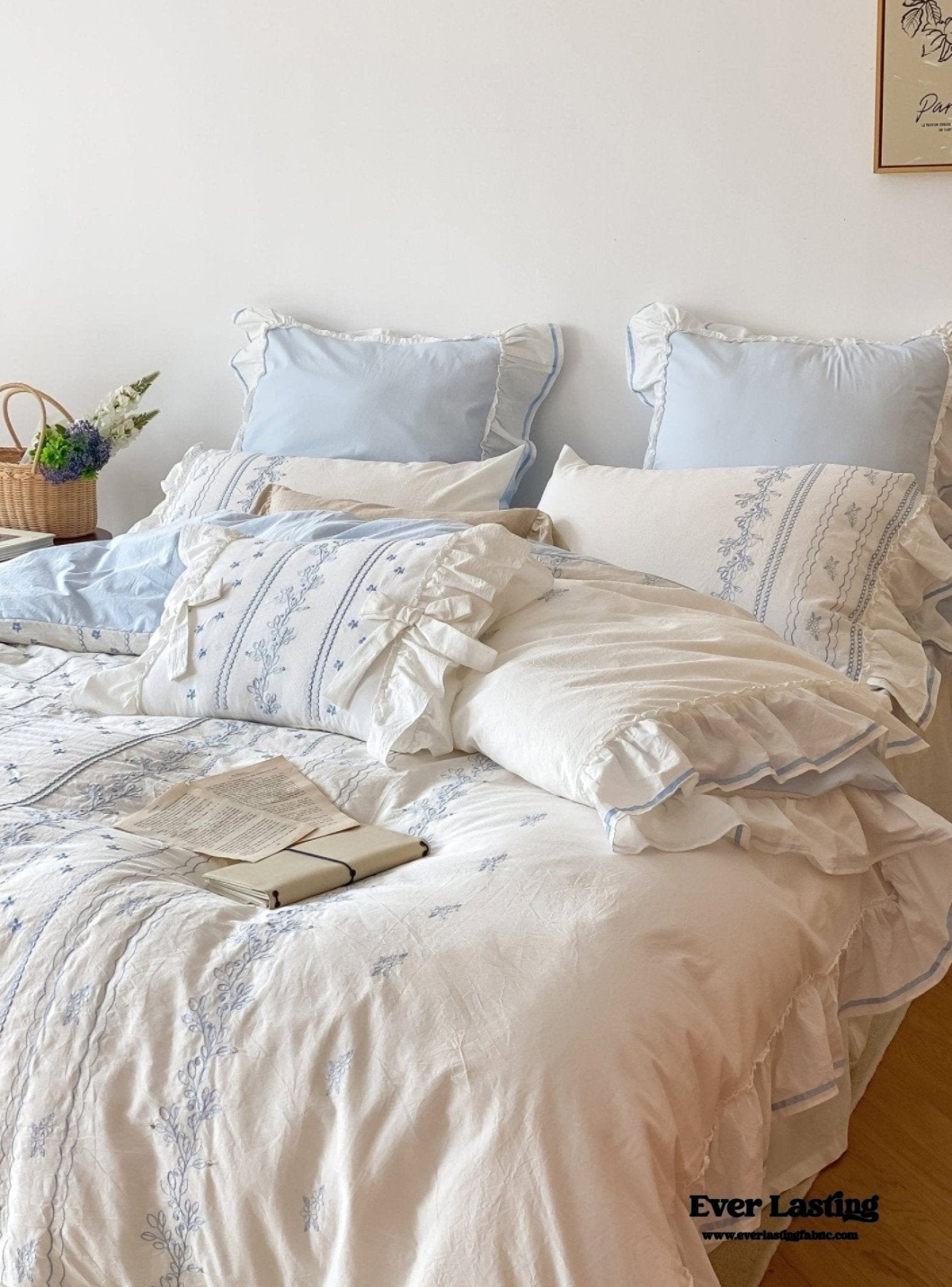 Embroidered Large Blue Ruffle Square Pillowcase
