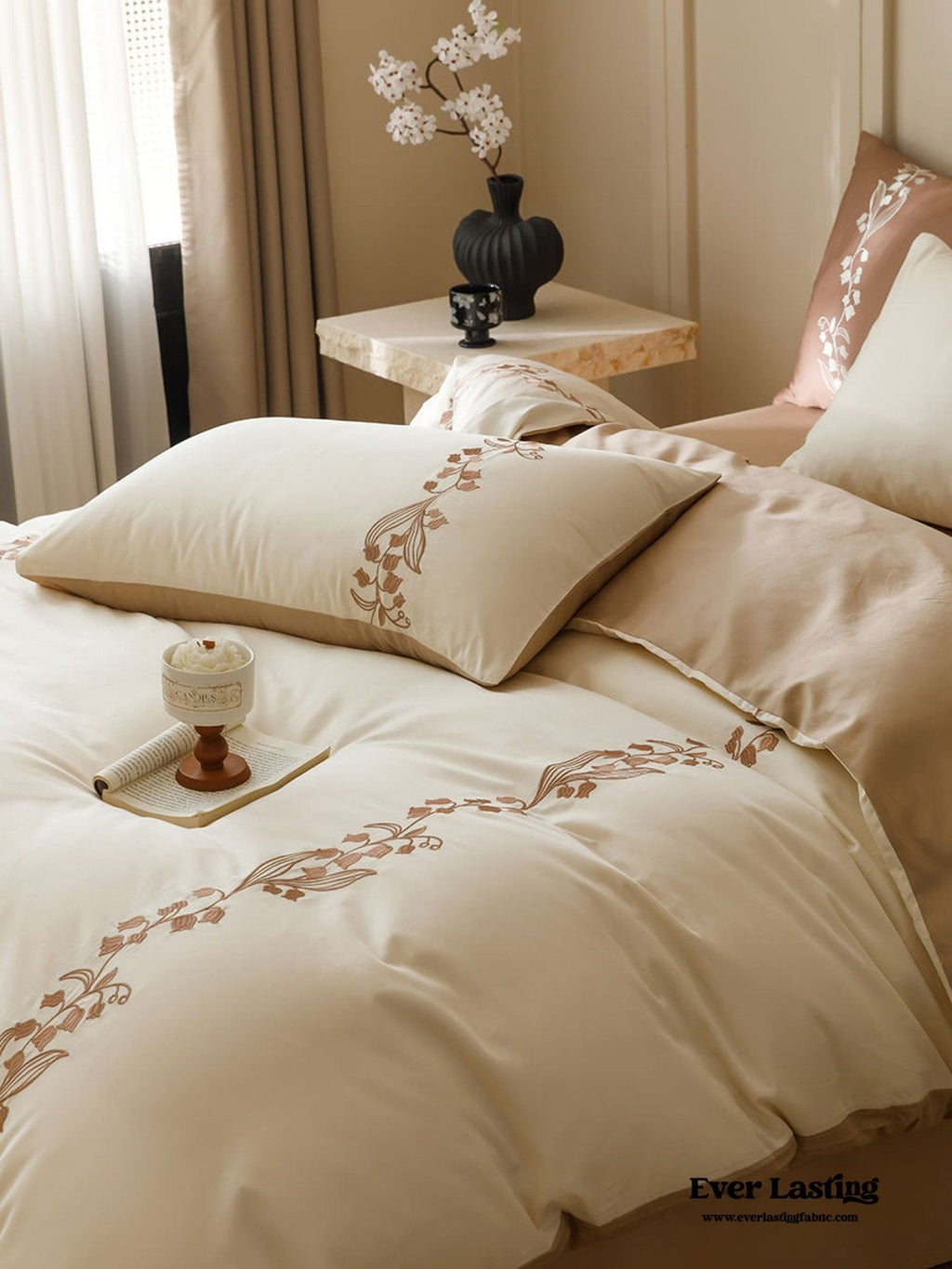 Lily of the Valley Embroidered Silky Bedding Set / Cream