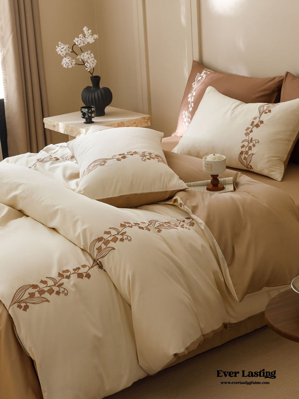 Lily of the Valley Embroidered Silky Bedding Set / Cream