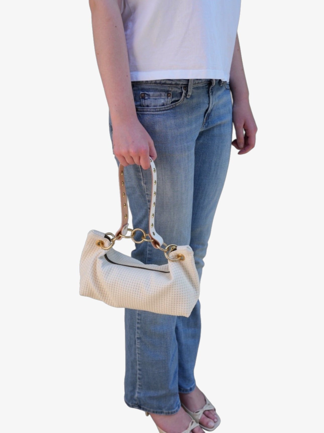 Blair-East West Shoulder Bag, White embossed leather
