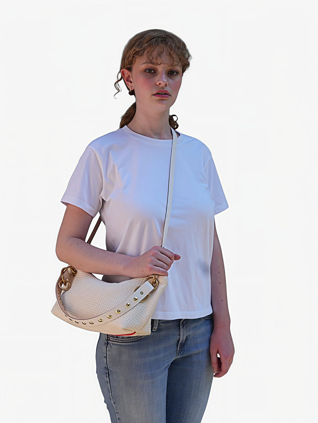 Blair-East West Shoulder Bag, White embossed leather