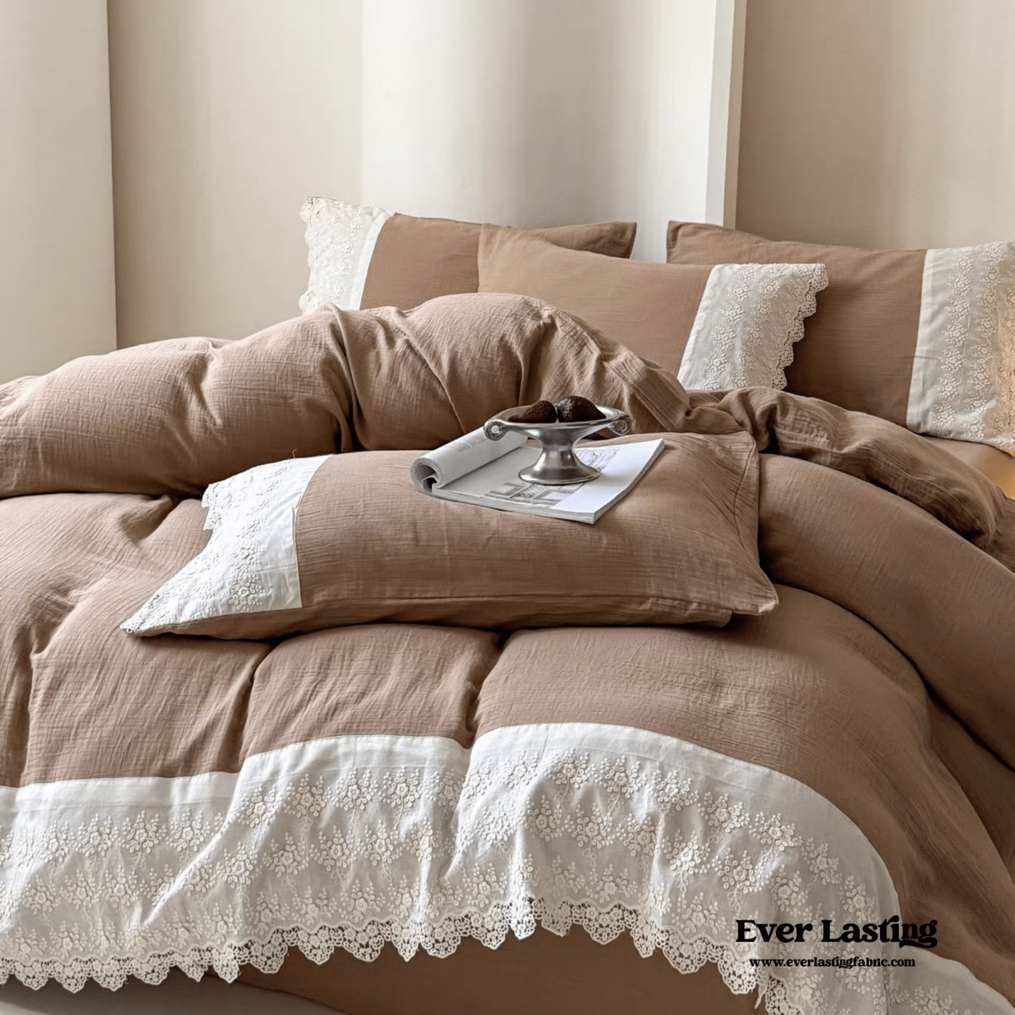 Margaux Lace Double Gauze Bedding Set / Chocolate Brown