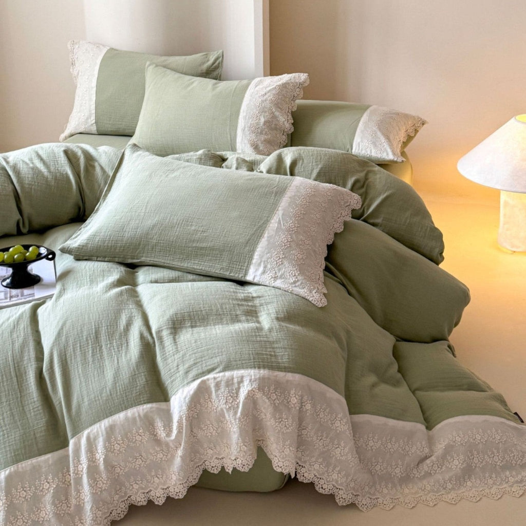 Margaux Lace Double Gauze Bedding Set / Sage Green