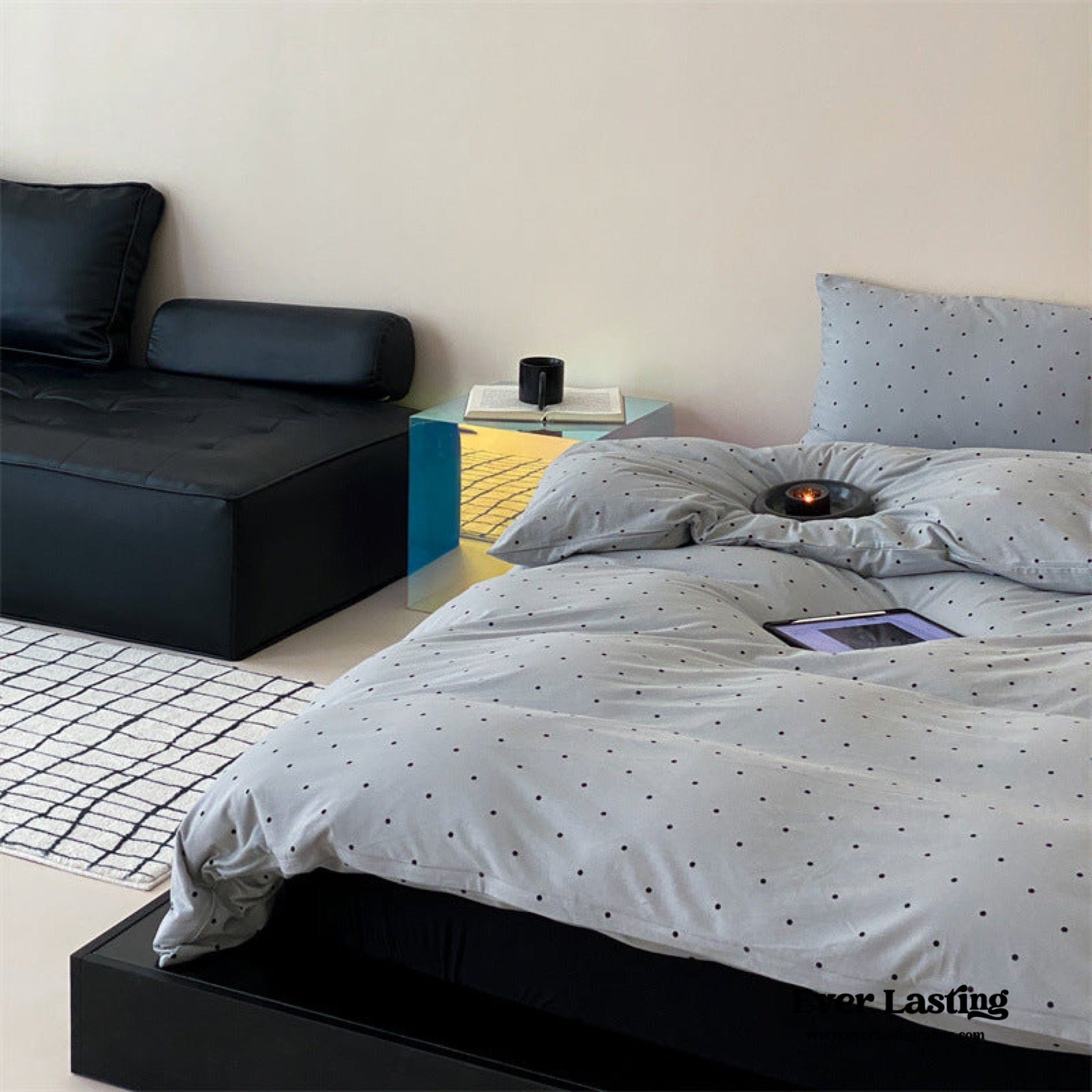 Mini Polka Dot Jersey Knit Bedding Set / Blue + Black