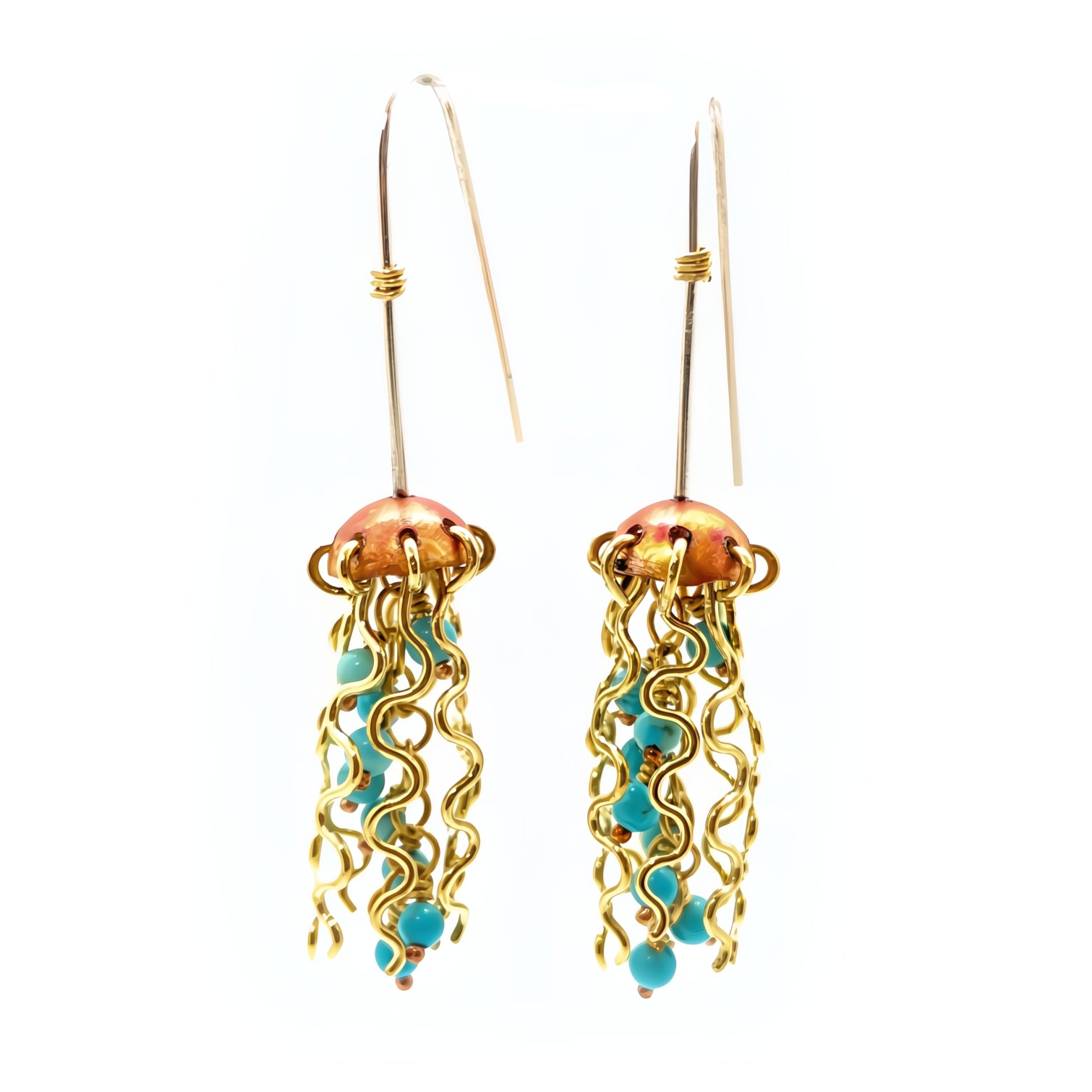 Mini Red Copper Jellyfish Earrings with Turquoise Beads and Sterling Silver Earwires