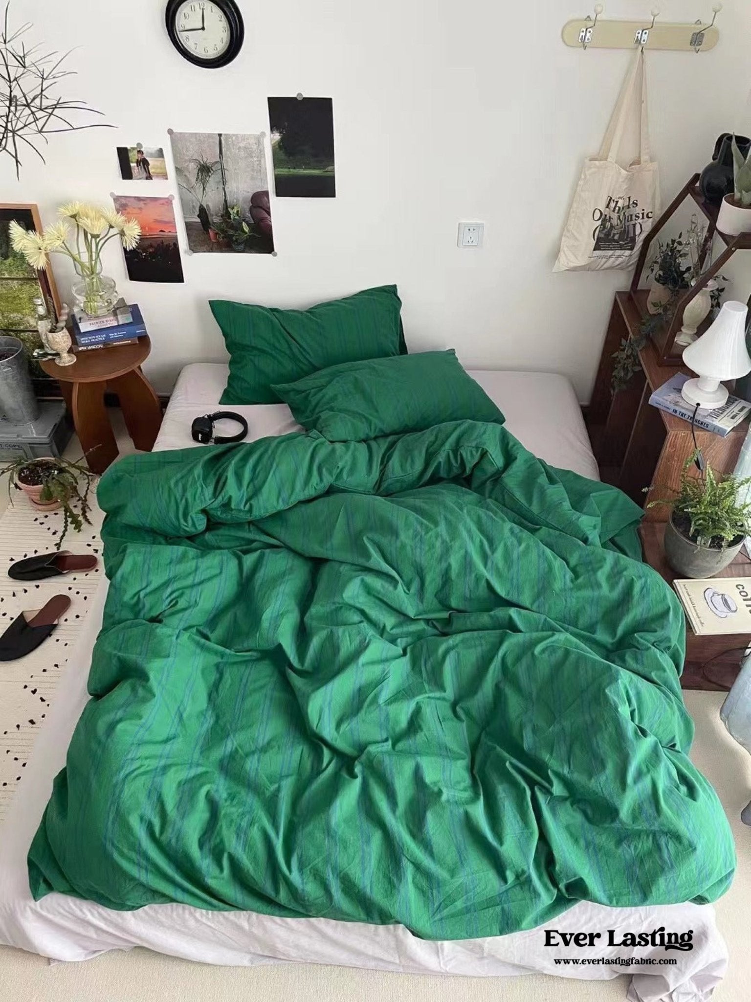 Minimal Vintage Stripe Bedding Set / Forest Green