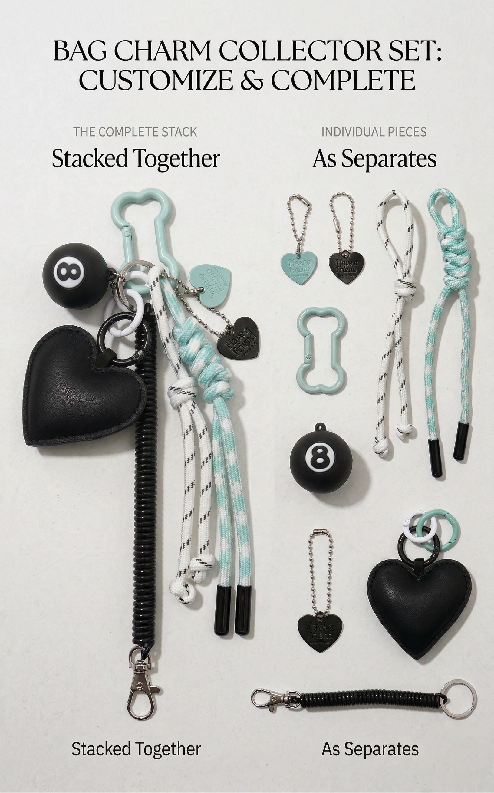 Heartbreak Club: Black & Mint Layered Bag Charm / Keychain