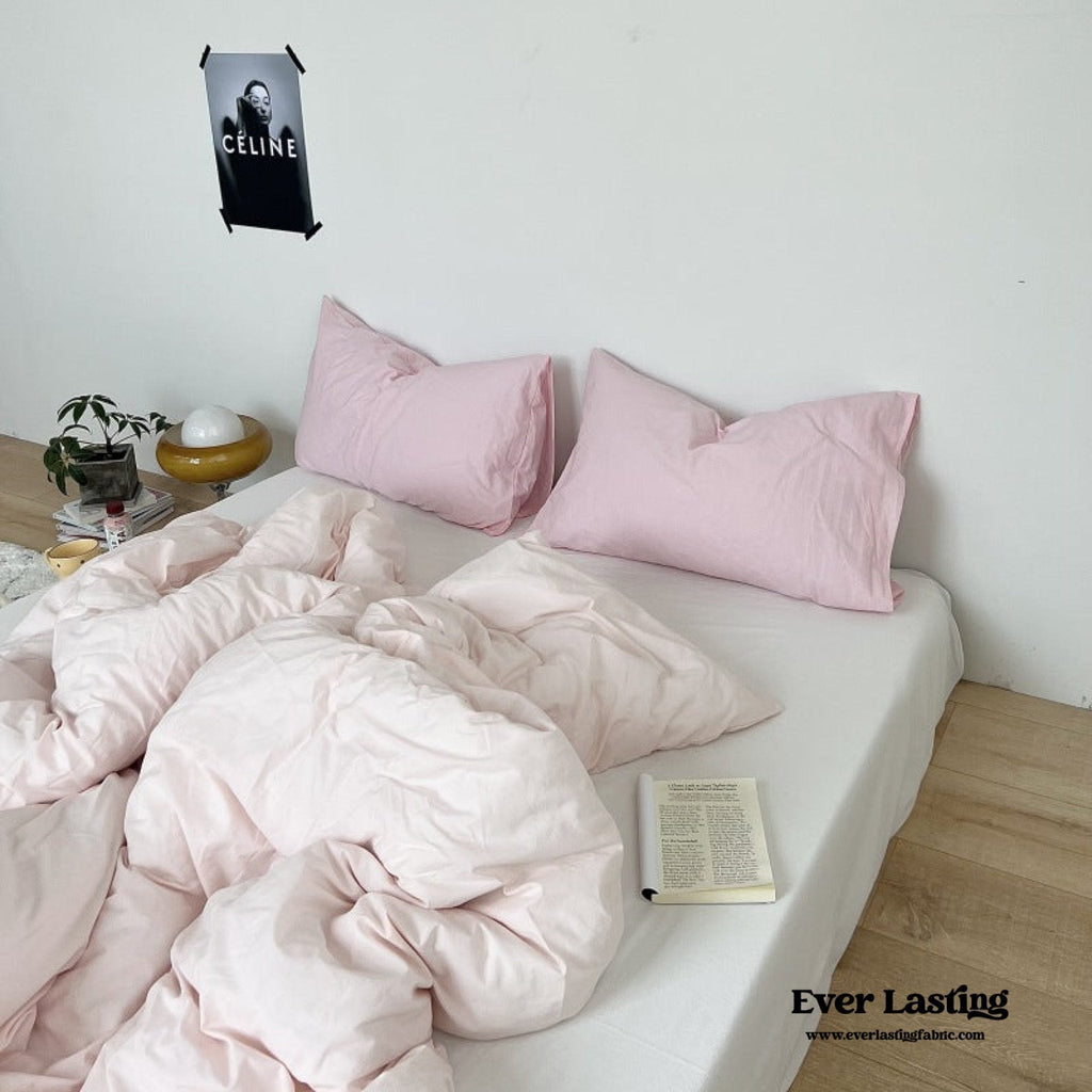 Mixed Color Washed Cotton Bedding Set / Baby Pink + White