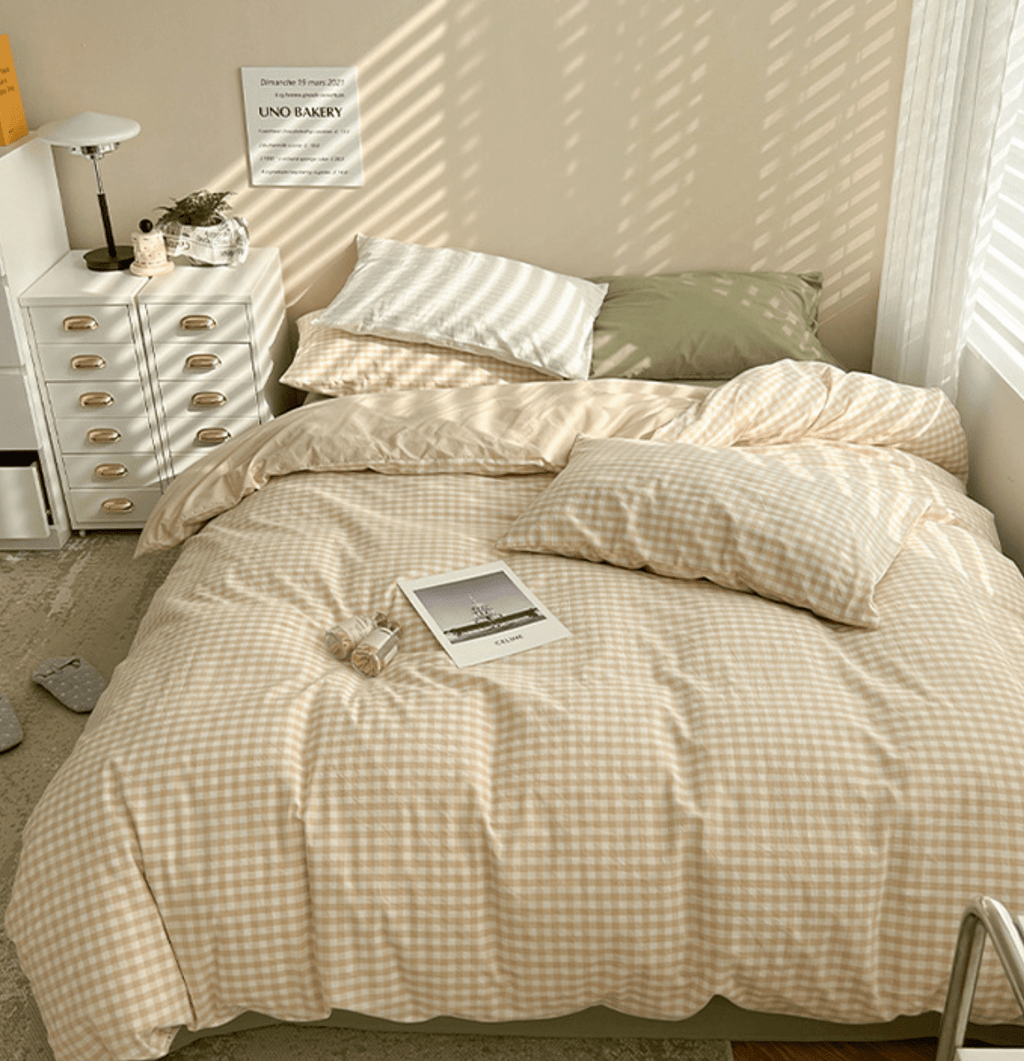 Mixed Gingham Bedding Set / Pink + Yellow