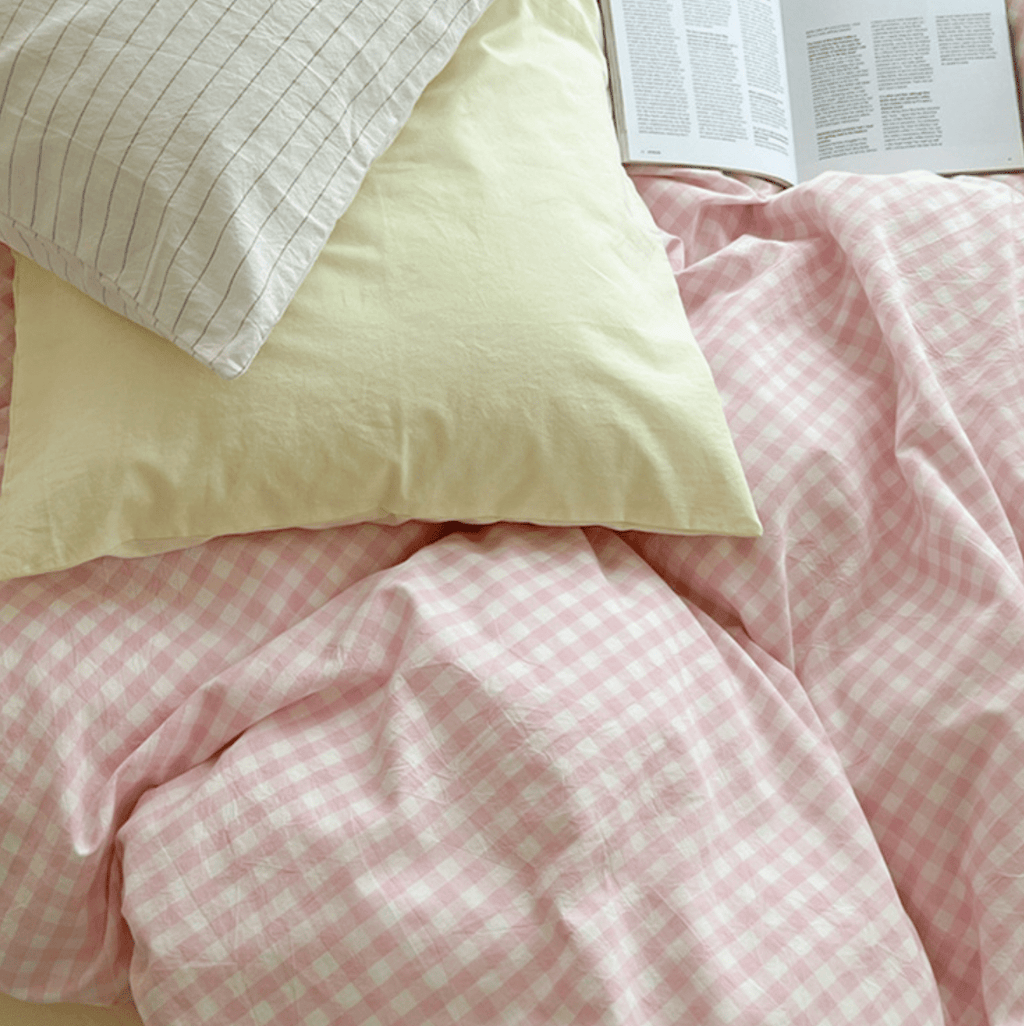 Mixed Gingham Bedding Set / Pink + Yellow